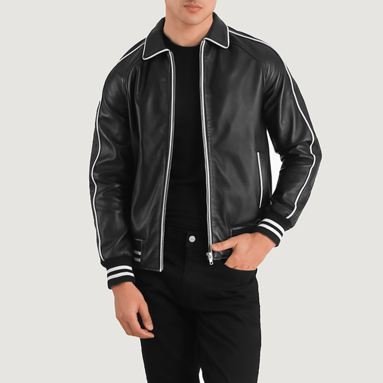 Mens Cooper Black Leather Varsity Jacket Open Front-4-1704117519890